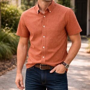 Patagonia Men’s Large Organic Cotton‎ Orange Plaid Short Sleeve Button Up Shirt